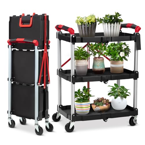 Garvee Collapsible Cart with Wheels, Service Cart, Rolling Carts with Wheels Foldable, 3 Tier Rolling Utility Cart, Folding Utility Shopping Cart for