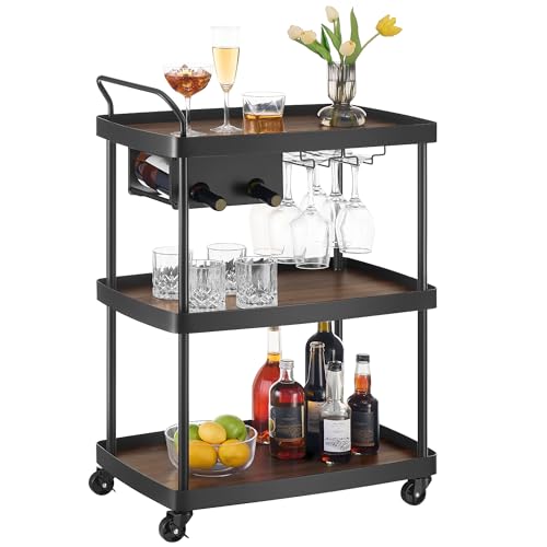 SONGMICS HOME Bar Cart, Home Bar Serving Cart with 3-Tier Shelf, Flexible Wine Bottle Rack and Glass Holder, Drink Beverage Cart, Microwave Cart, Kitc