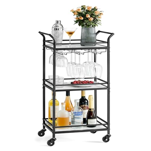 VASAGLE Bar Cart, Home Bar Serving Cart, Small Bar Cart With 3-Tier Shelf, Wine Holders, Glass Holders, Mini Bar Cart for Small Spaces, Kitchen, Dinin